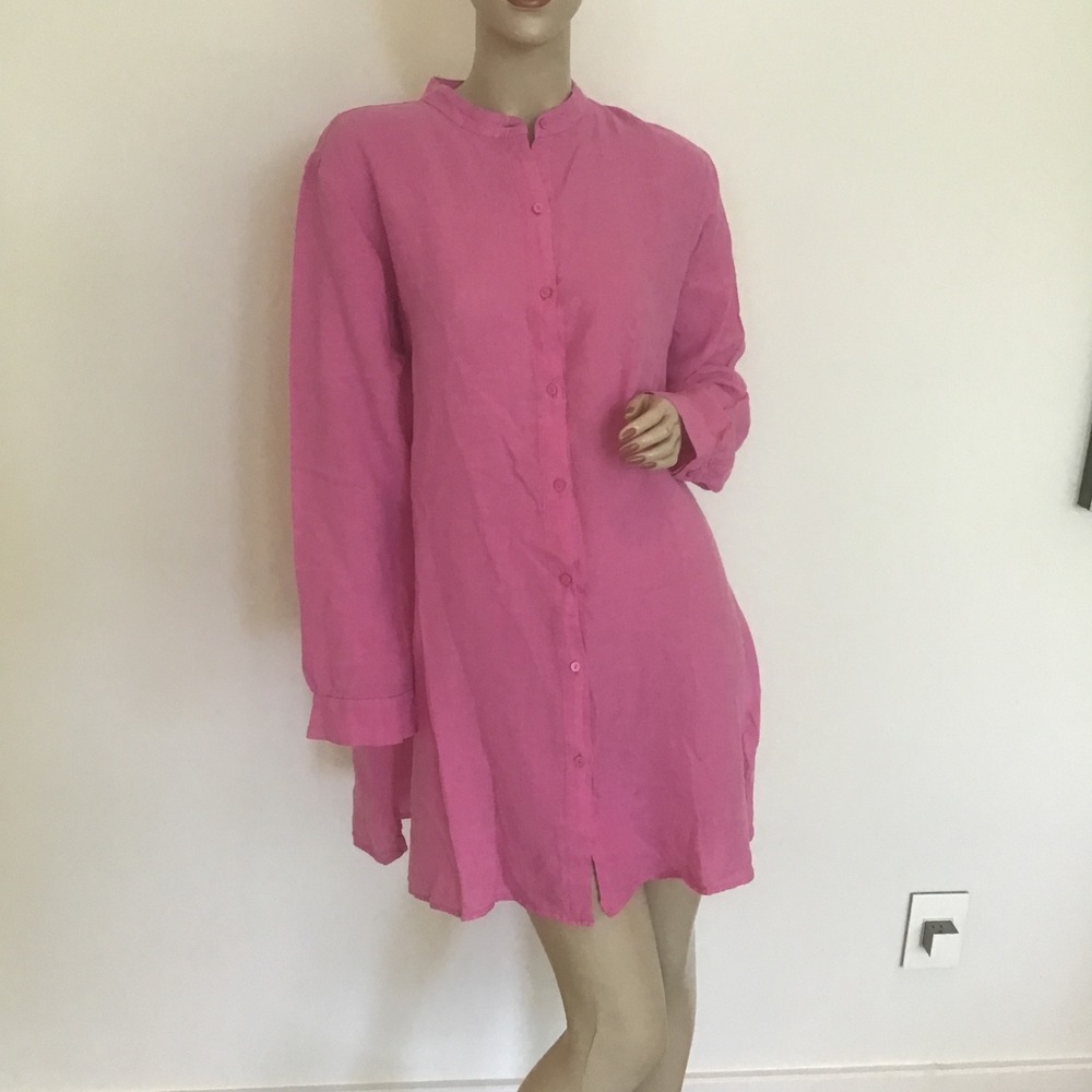 Eileen Fisher Band Collar Linen Long Sleeve Tunic Oversized Shirt S Pink Tulip